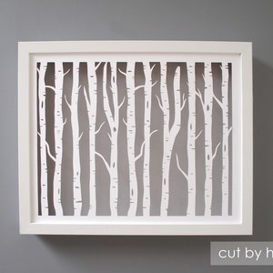 WHITE birch tree forest shadowbox- made from recycled magazines, trees, birch, nature, forest, frame, modern trees, depth, layers, unique