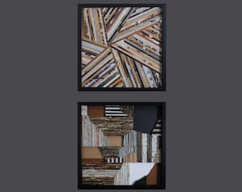 set of 2 - collage WALL ART made from recycled magazines-brown,black,white,layers, curves,lines,depth,detail,modern,unique,pattern, texture