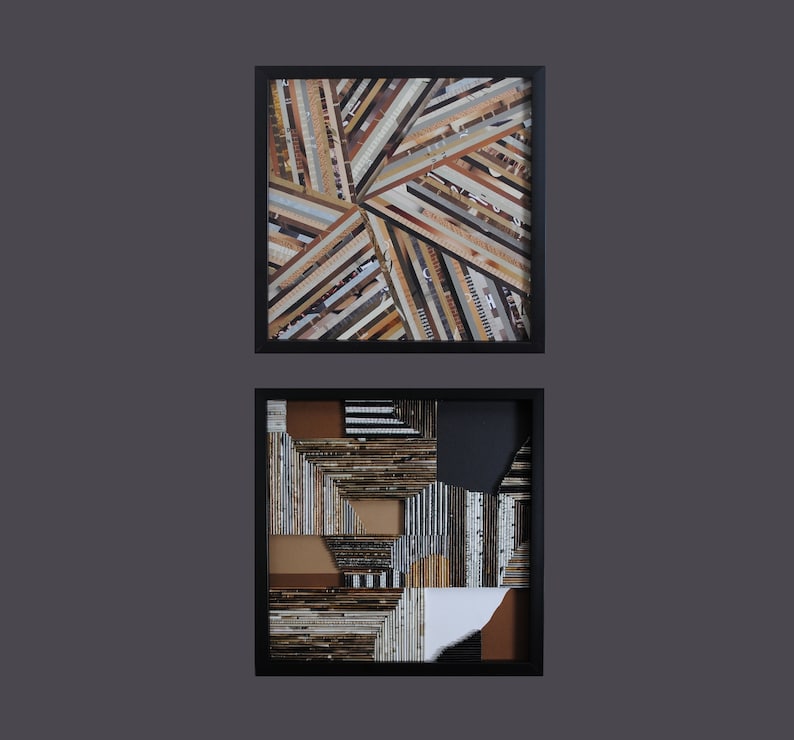 set of 2 collage WALL ART made from recycled magazines-brown,black,white,layers, curves,lines,depth,detail,modern,unique,pattern, texture image 1