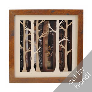 BROWN birch tree forest shadowbox- made from recycled magazines, trees, birch, nature, forest, frame, modern trees, depth, layers, unique