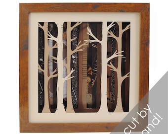 BROWN birch tree forest shadowbox- made from recycled magazines, trees, birch, nature, forest, frame, modern trees, depth, layers, unique