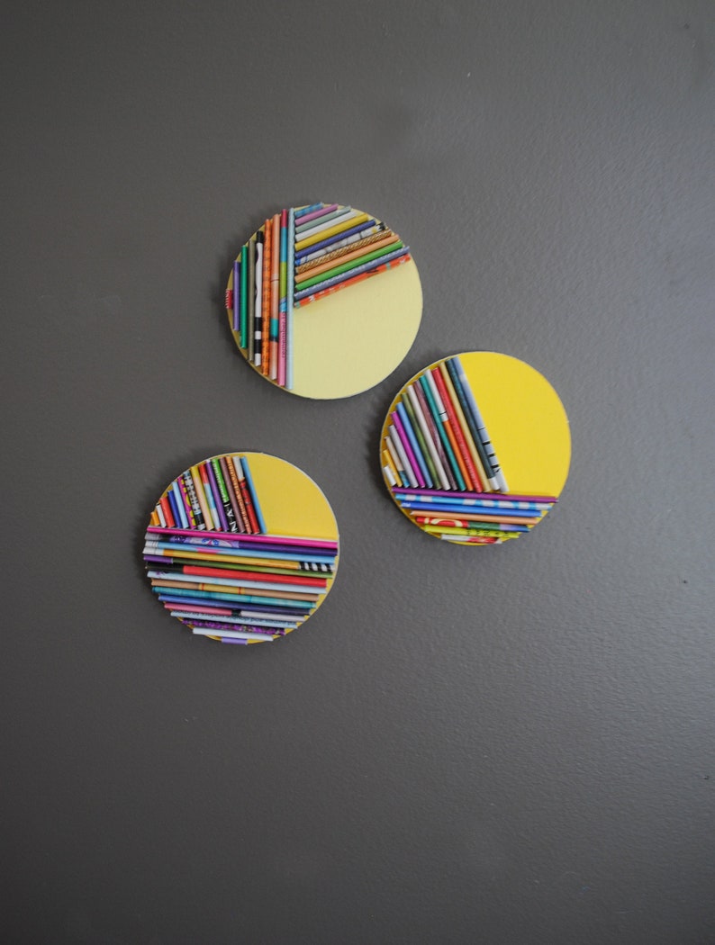 yellow set of 3 cirlces round BRIGHT modern wall art made from recycled magazines,unique,round,pop of color,color blocking,cute,fun image 1