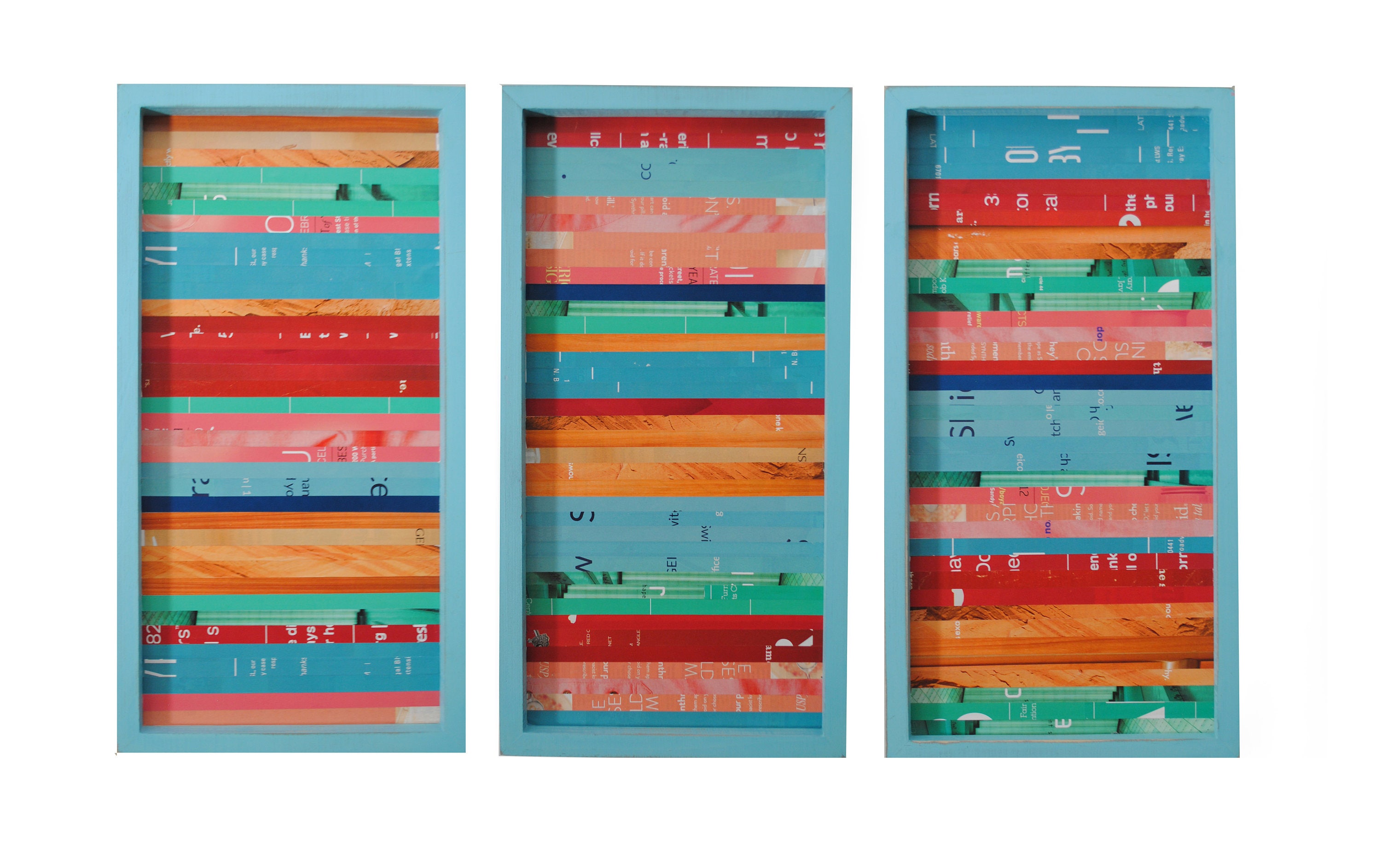 trio COLORFUL wall art made from recycled magazines strips Etsy