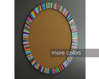 oval corkboard - made with recycled magazines - bright,unique wall art, colorful, stripes, modern,interior design, you choose your own color