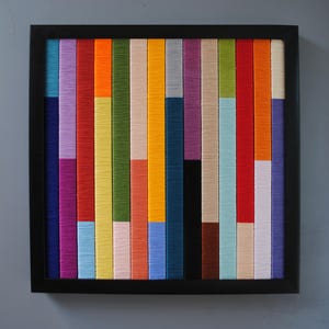 colorful string WALL ART - white frame, color blocking,fiber art,depth,detail,modern,unique,bright, colorful, pattern, texture, pop of color