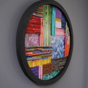 collage WALL ART made from recycled magazines-layers,curves,lines, depth,detail,modern,unique,bright, colorful, pattern, texture image 3