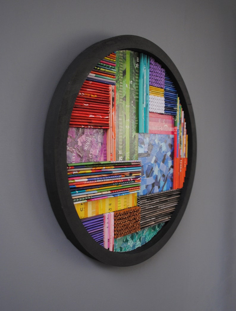 collage WALL ART made from recycled magazines-layers,curves,lines, depth,detail,modern,unique,bright, colorful, pattern, texture image 3