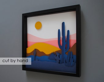 desert scene PAPER CUTTING - colorful cacti, depth, texture,layers,creative,Paper cut art,mountains,trendy,unique wall art, framed paper cut