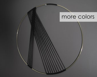 large 18" hoop black and gold STRING wall art - unique, art deco chic, geometric,string art,minimalist,lines, modern, hanging,circle, funky