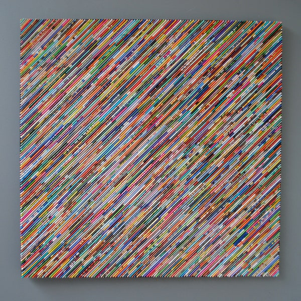 square wall art- made from recycled magazines, modern diagonal colorful, unique, red, orange, yellow, green, blue, bright, bold, home decor