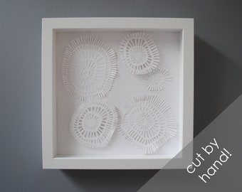 delicate texture - PAPER CUTTING - all white, depth, texture, Paper cut art, flowers, unique wall art, framed paper cut, white paper, layer