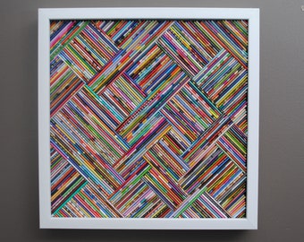 colorful HERRINGBONE framed wall art- made from recycled magazines,blue,green, red, purple, pink, yellow, orange, detail, modern, bright