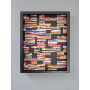 colorful abstract collage-  framed WALL ART made from recycled magazines- lines,pieces,wood,depth,modern,unique,bright, pattern