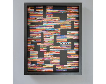 colorful abstract collage-  framed WALL ART made from recycled magazines- lines,pieces,wood,depth,modern,unique,bright, pattern