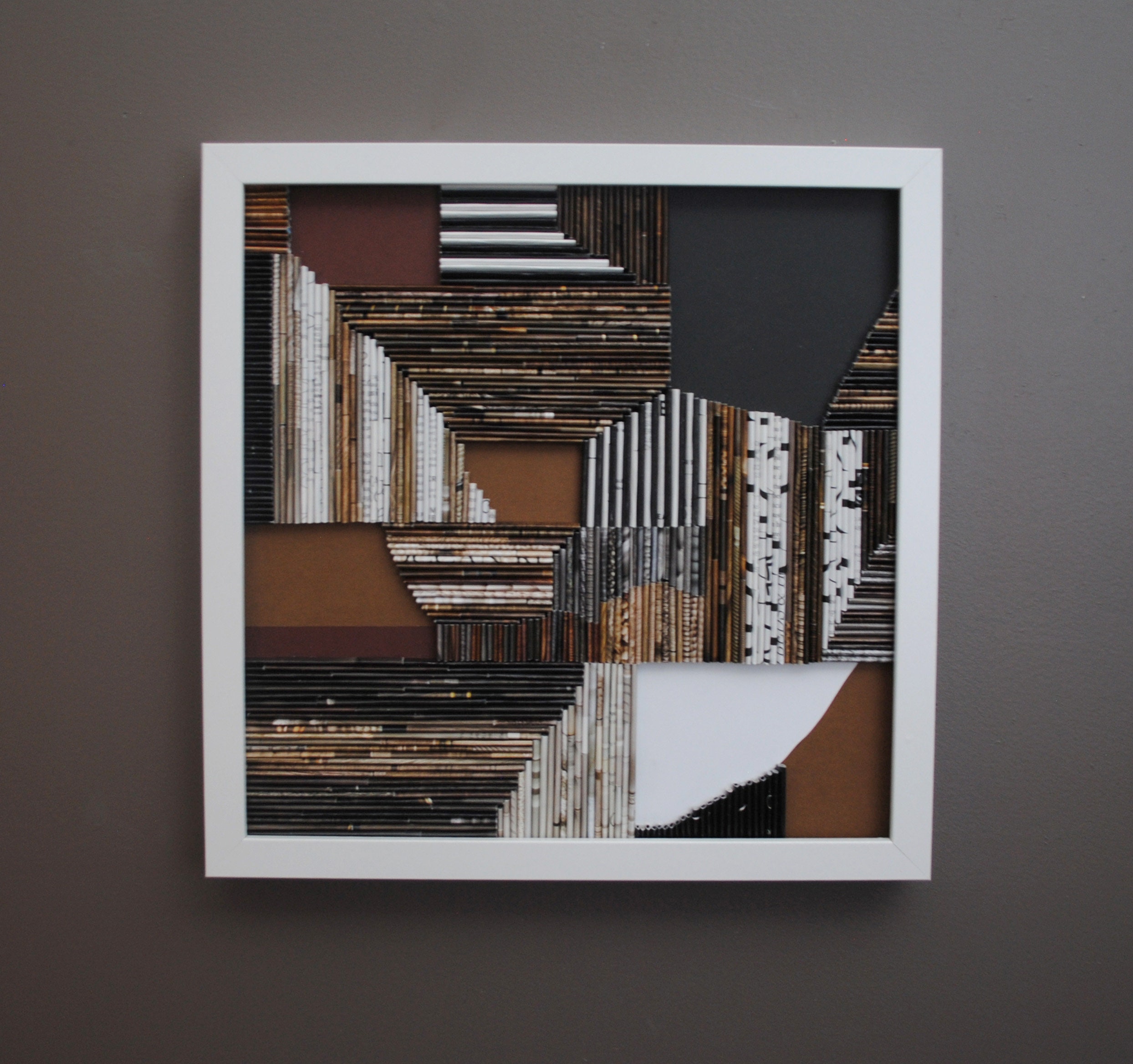 collage WALL ART made from recycled magazines-brown,black,grey,white,layers, curves,lines,pieces,depth,detail,modern,unique,pattern, texture