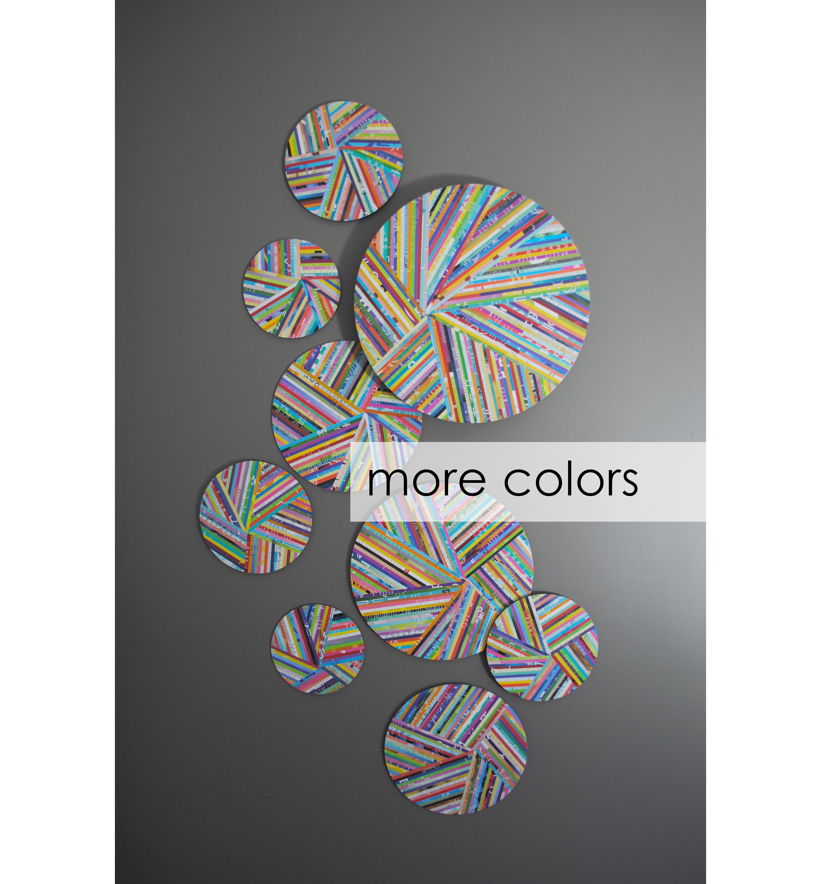 COLORFUL round wall art -choose your own colors- set of 9-made from recycled magazines, strips of paper,multi-colored,interior design,modern