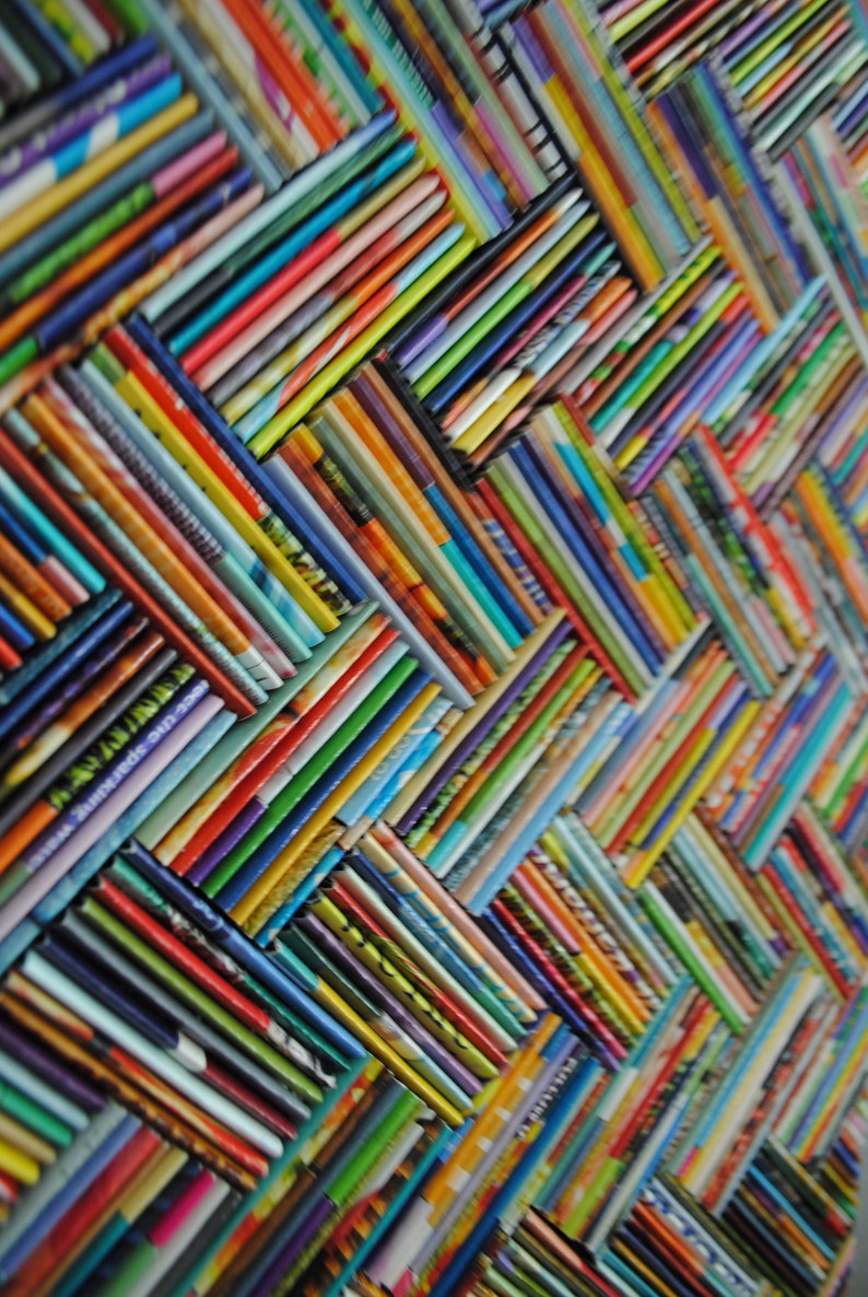 Colorful herringbone wall art made from recycled Etsy
