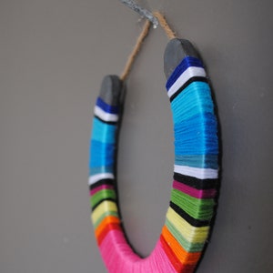 Horseshoe Wall Hanging rainbow yarn-wrapped, colorful stripes, lucky, serape, rustic, nursery,modern, Boho, macrame,fiber art,modern,simple image 2