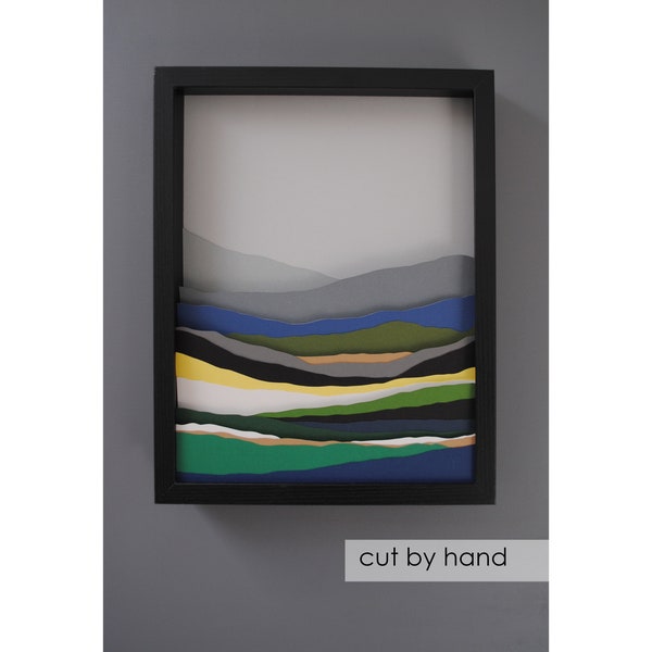 abstract landscape art-PAPER CUTTING - colorful paper layers,depth,texture,layers,mountains,trendy,unique wall art, framed paper cut