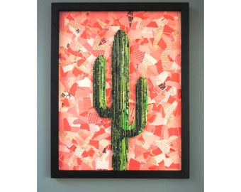 cactus WALL ART made from recycled magazines-desert cacti, lines, depth,detail,modern,unique,bright, colorful, pattern, texture