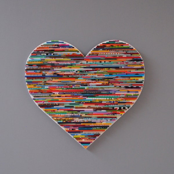 colorful HEART wall art- made from recycled magazines, colorful, unique circle, artistic,unique,statement art,creative,love,playroom art