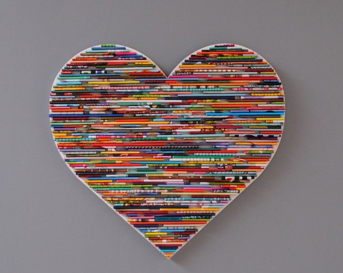 colorful HEART wall art- made from recycled magazines, colorful, unique circle, artistic,unique,statement art,creative,love,playroom art