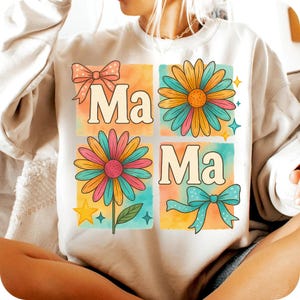 Letras florales para mamá (PNG), sublimación de lazo retro para mamá, flores coloridas y preppy (PNG), diseño de camiseta para el Día de la Madre, descarga digital