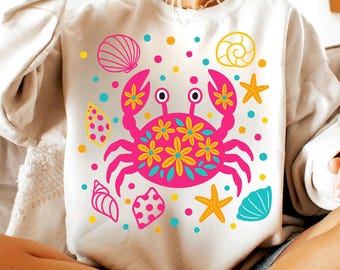 Granchio floreale PNG: Clipart costiero preppy, design estivo da spiaggia (download digitale)