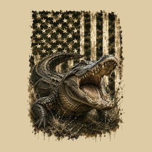 Imagen PNG de un caimán, diseño de bandera estadounidense con camuflaje, sublimación de fauna patriótica, descarga digital de reptil rústico.
