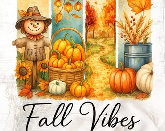 Watercolor Pumpkin Scarecrow PNG: Fall Vibes Sublimation Design (Digital Download