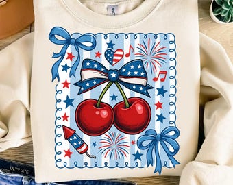 Preppy 4th of July PNG: Cherry Bow Coquette Clipart (Digital Download