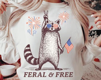 Feral and Free Raccoon PNG, Funny 4th of July Sublimation, Patriotic USA Animal Clipart, Retro Independence Day Shirt Digital Download