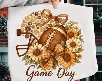 Game Day PNG, Boho Football with Sunflowers and Bow, Fall Sports Sublimation Design