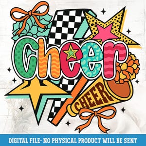 Cheer PNG, Colorful Cheerleader Sublimation, Pom Pom Star Megaphone Clipart, Retro Spirit Squad Shirt Design, Digital Download File