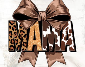Western Cowgirl Mama PNG - Leather Suede Bow Design | Howdy Mom Brown Cowhide PNG & Cheetah Gold Glitter Trendy Mama Sublimation