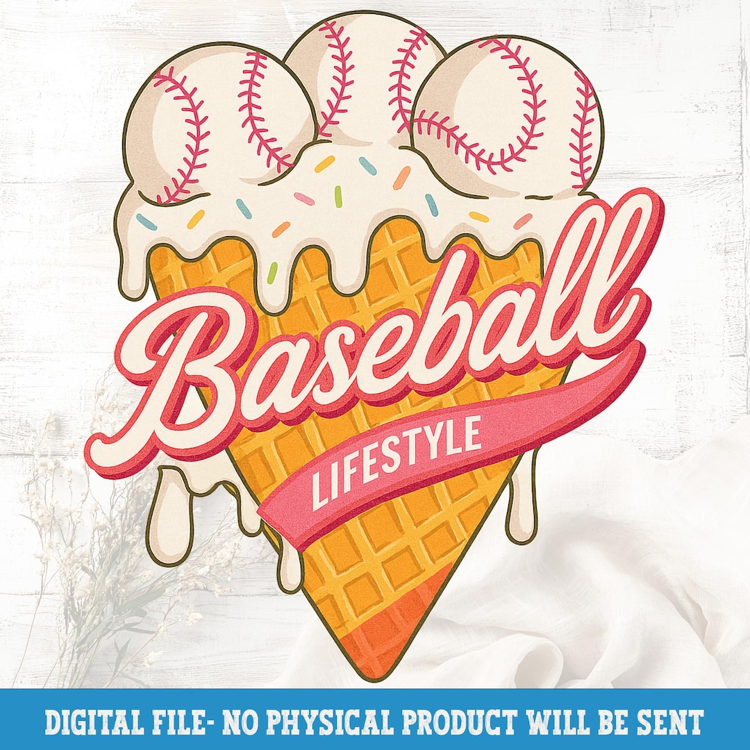 Baseball Ice Cream Cone PNG: Summer Sports Sublimation Design (digital ...