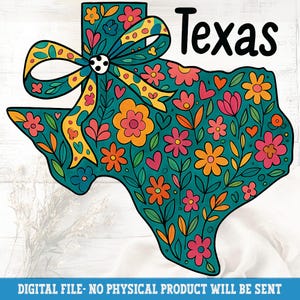 Blumenkokette Texas PNG, Trendige Zustandskarte PNG, Texas Bow Sublimation, Preppy Girly Shirt Design, Pinselstrich Texas PNG, digitaler Download