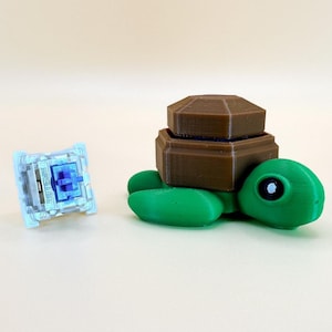 May include: A small, green turtle figurine with a brown shell. The turtle is wearing a brown, box-shaped hat. A clear, blue mechanical keyboard switch is also pictured.