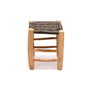 Moroccan Stool, Black Nylon Braided Seat, Ethnic Stool, Natural Wood Frame, 30x30x40cm, Handmade.