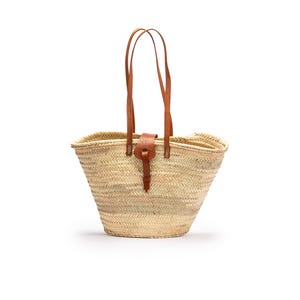 Geflochtene Strohtasche, Lange Henkel und Lederverschluss, Ca.: 50x30x20 cm, Natur, Natur Raffia Tasche, Handgefertigt