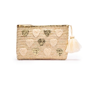 Bolso Clutch de Fibra Natural con Corazones, bolso de mujer, bolso de mano, Pompón Decorativo, 29x18 cm, Artesanal Marroquí