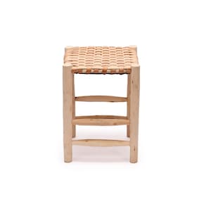 Moroccan Stool, Leather Braided Seat, Ethnic Stool, Natural Wood Frame, Approx. 30x30x40cm, Handmade in Morocco.