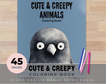 May include: A colouring book titled "Cute & Creepy Animals" featuring a cartoon bird illustration. The book has 45 pages and includes 32 designs plus 13 bonus pages. The cover is light blue with black text and includes three coloured pencils.