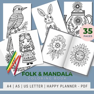Folk and Mandala Art Coloring Book - Printable Pages For Adults - Easy Coloring for All Ages - Relaxing Art - Digital Download