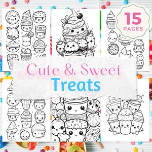 Cute Kawaii Coloring Book - 15 Pages of Adorable Food - Bold and Easy - Digital Download for Kids and Adults - Fun Activity