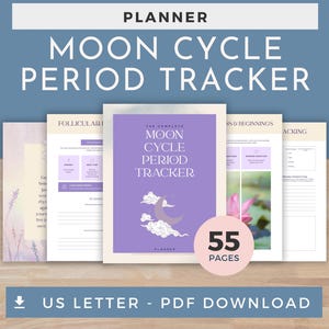 May include: A planner titled "Moon Cycle Period Tracker" with a purple cover featuring a moon and cloud design. The planner includes 55 pages and is available as a US Letter PDF download. Other pages are visible with text and graphics.