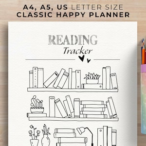 May include: Black and white printable reading tracker with the text "Reading Tracker" and illustrations of bookshelves with books and plants.