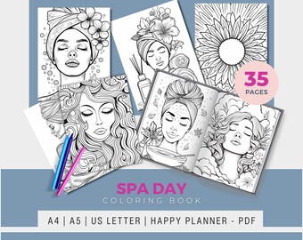 May include: A black and white colouring book with the title "SPA DAY COLOURING BOOK" and the text "35 PAGES". The cover features illustrations of women with flowers and spa-related imagery.