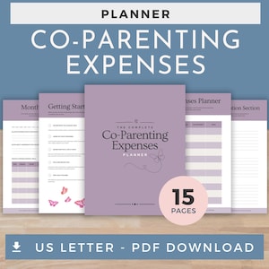Könnte beinhalten: Ein Planer mit dem Titel "Co-Parenting Expenses" mit lila Umschlag und weißem Text. Der Planer umfasst 15 Seiten und ist ein US Letter PDF-Download. Das Bild zeigt mehrere offene Seiten mit Organisationstabellen und Abschnitten.
