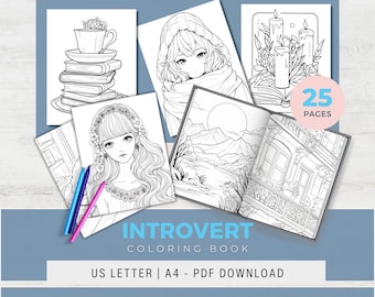 Può includere: Una raccolta di pagine di libri da colorare in bianco e nero con varie illustrazioni, tra cui una tazza da tè su libri, un ritratto di donna e scene naturali. Il testo "Introvert Coloring Book" è visibile, insieme a "25 pagine".